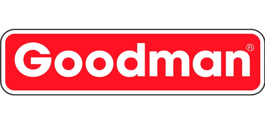Goodman logo featuring white text on a red rectangular background with rounded corners and a white border.