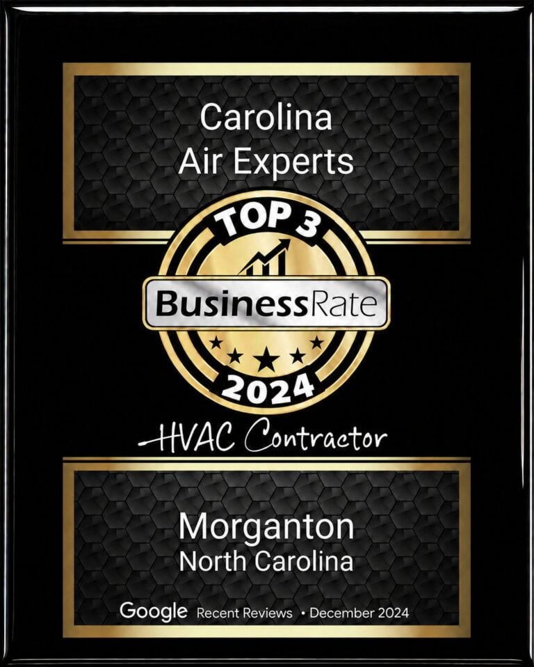 Plaque showing Carolina Air Experts as a top 3 HVAC contractor in Morganton, North Carolina, awarded by BusinessRate in December 2024.
