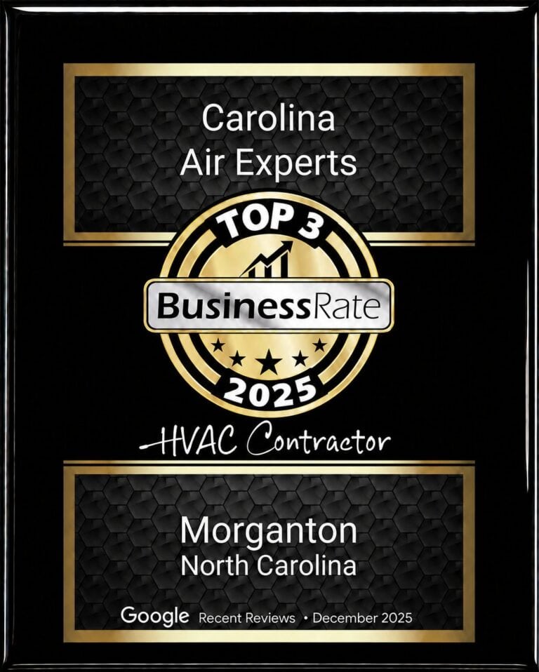 Plaque displaying “Top 3 BusinessRate 2025 HVAC Contractor” awarded to Carolina Air Experts in Morganton, North Carolina, with mention of Google reviews.
